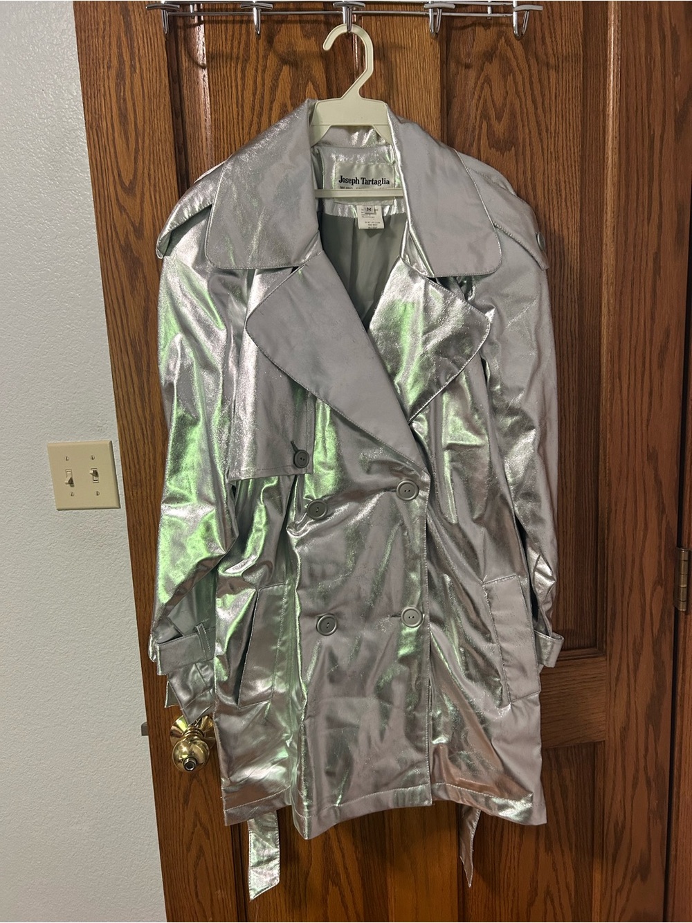 Silver Metallic Double-Breasted Trench Coat